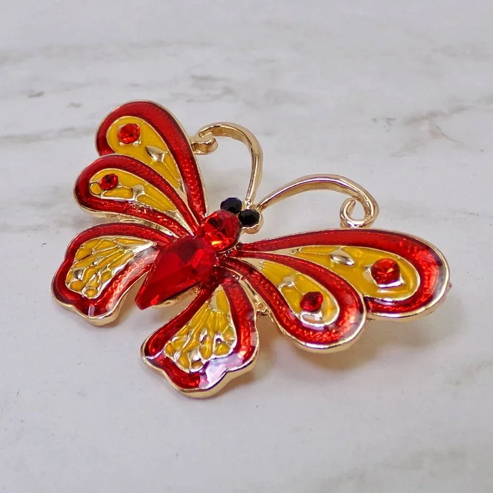 Butterfly brooch pin with red crystals and red and yellow color enamel - Picture 2 of 6